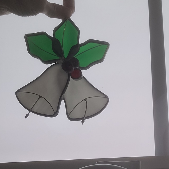 Leaded Stained Glass Bells Holly Suncatcher Christmas Ornament Handmade USA 6"M - Picture 2 of 5